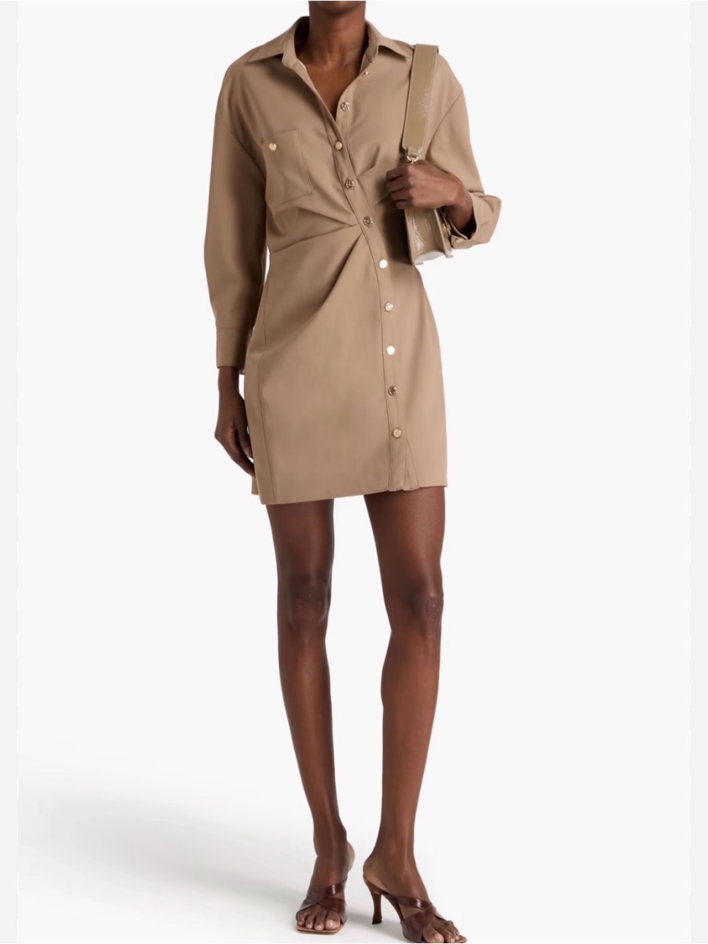 Maje Twist-Front Shirt Mini Dress in Tan